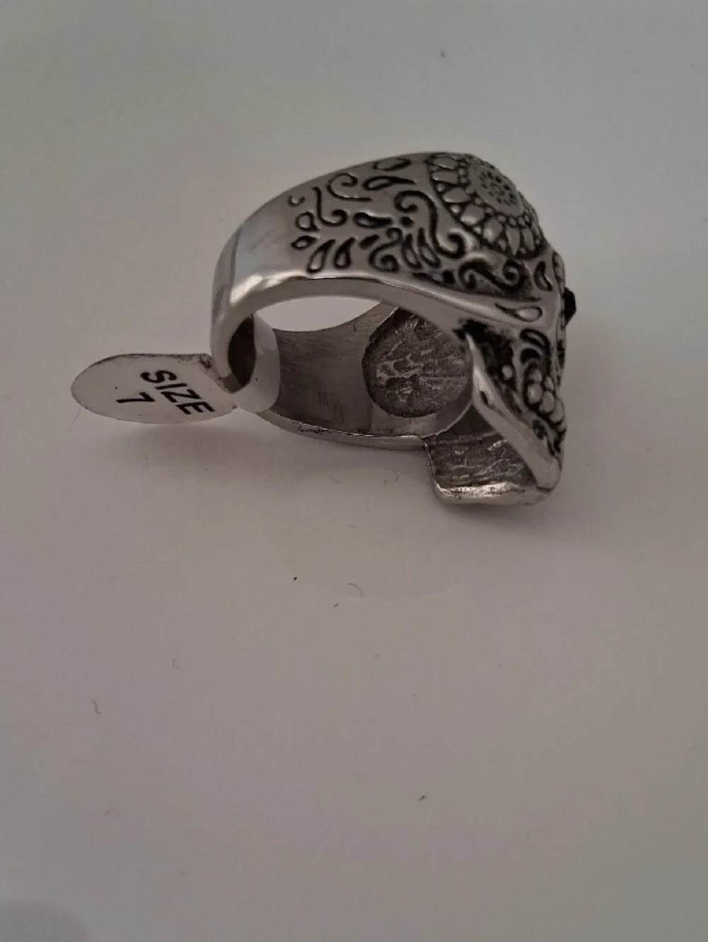 Men's Silver Tone Sugar Skull Ring with Black Stone Eyes